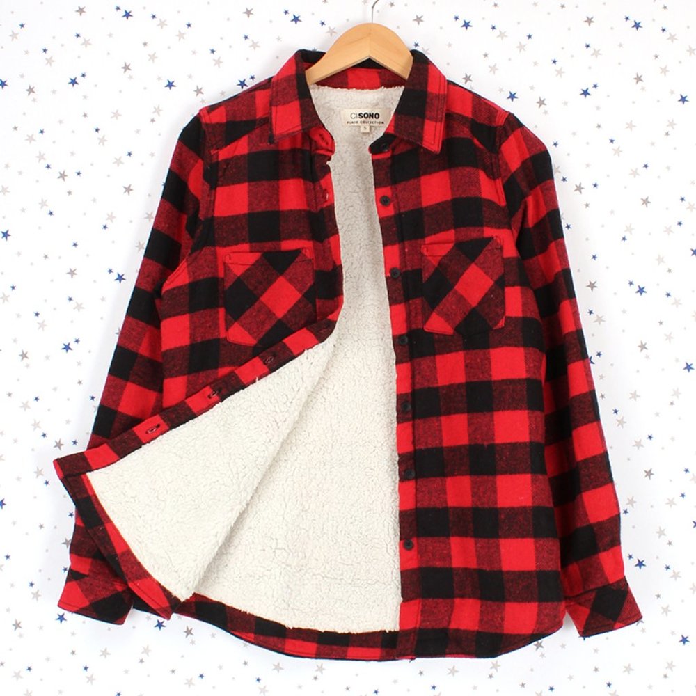 Sherpa Fur Lined Flannel Plaid Button Up Shirt Red Black